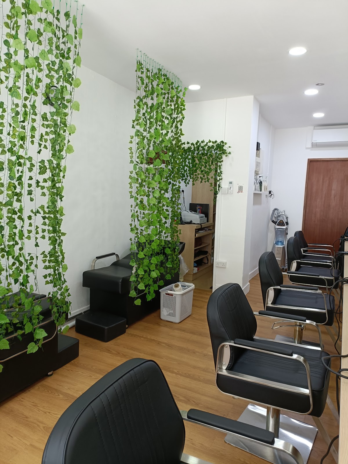 Row of styling chairs and mirrors at Arcks Hair Salon, with a hanging ivy feature wall